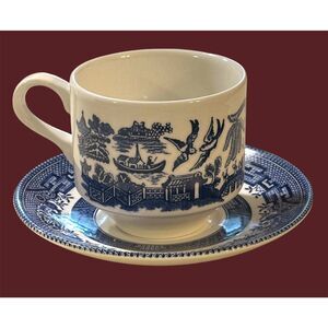 Vintage Blue Willow Cup & Saucer Set of Two - Blue & White Transferware